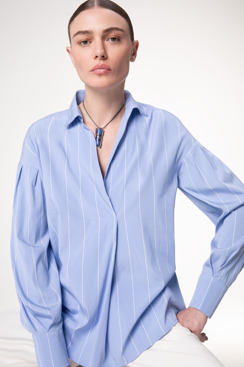 Camisa Tricoline Listras I Ombro Deslocado