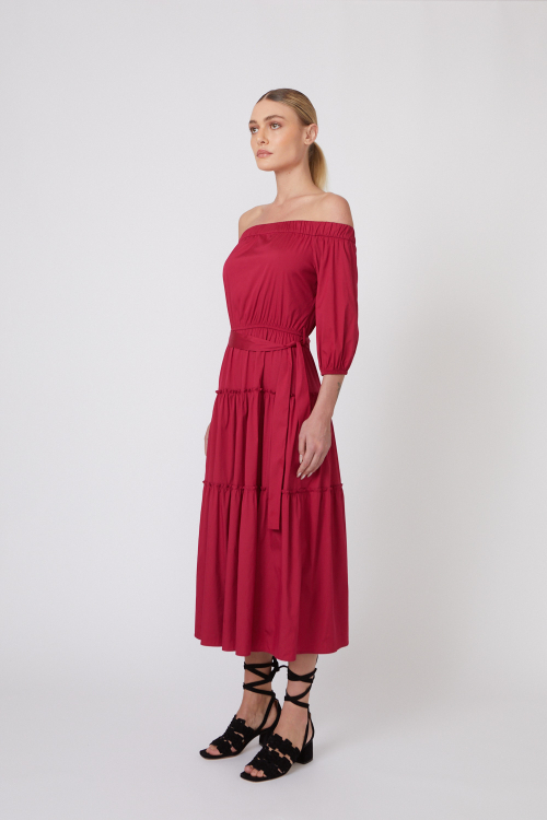 Fit — Vestido Tricoline Ombro A Ombro Midi