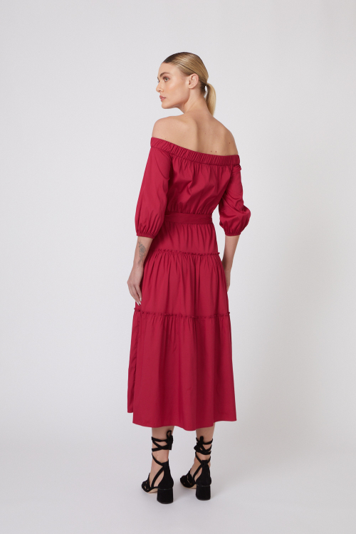 Fit — Vestido Tricoline Ombro A Ombro Midi