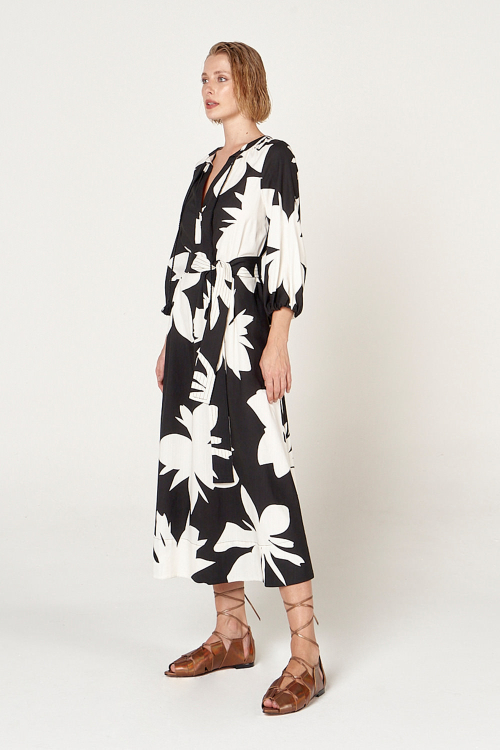 Fit — Vestido Viscose Plana Estampa Brisa Decote V Midi