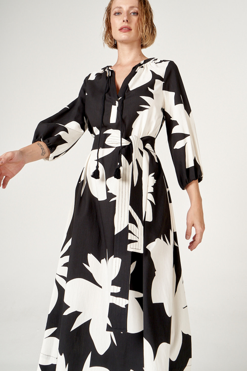 Fit — Vestido Viscose Plana Estampa Brisa Decote V Midi