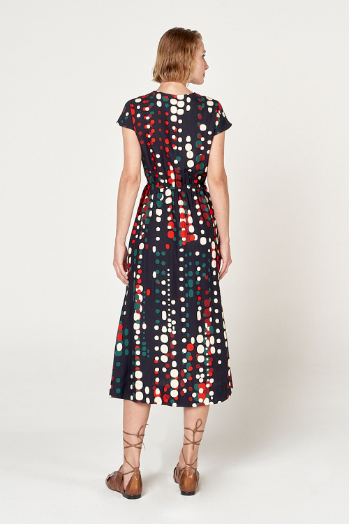 Fit — Vestido Viscose Plana Leve Est Semente Macro Decote V