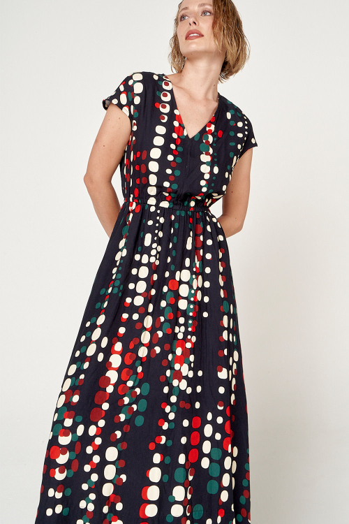 Fit — Vestido Viscose Plana Leve Est Semente Macro Decote V