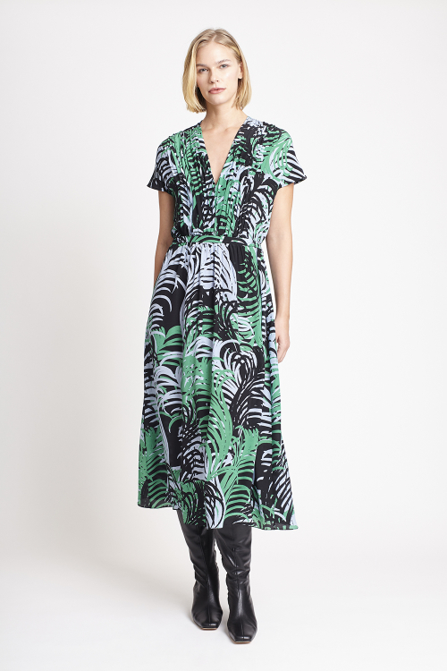 Fit — Vestido Seda Estampa Plumas Coloridas