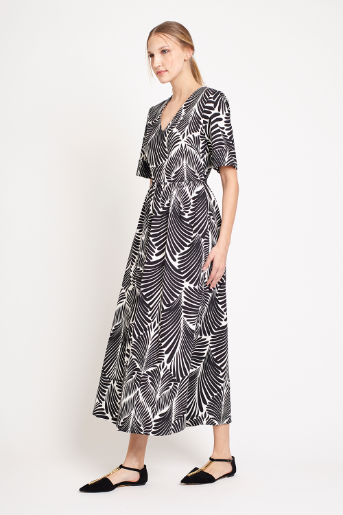 Fit — Vestido Viscose Plana Estampa Folhas