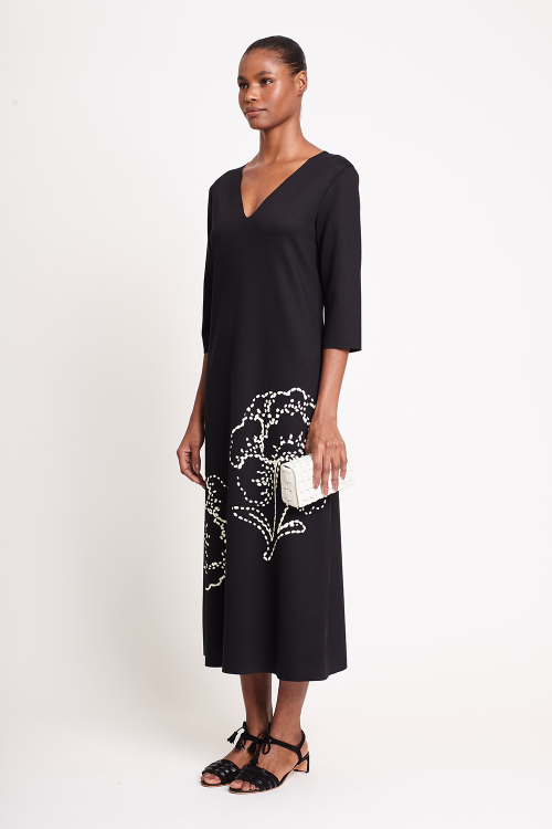 Fit — Vestido Malha Dupla Leve Silk Pesponto Floral