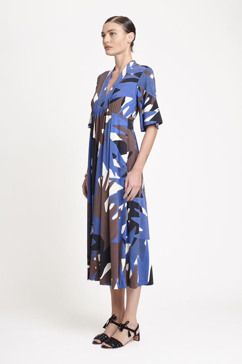 Fit — Vestido Jersey Estampa Pássaro Macro Decote V