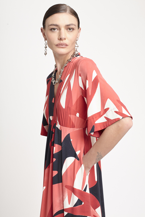Fit — Vestido Jersey Estampa Pássaro Macro Decote V