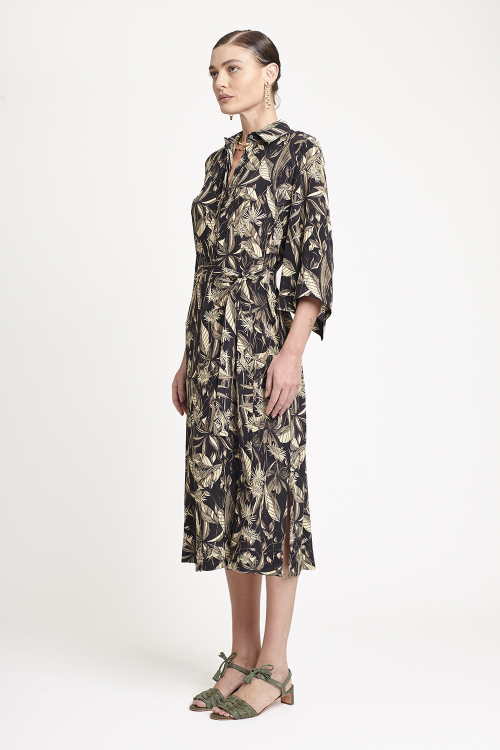 Fit — Vestido Seda Estampa Flores Noturnas Longo Com Manga
