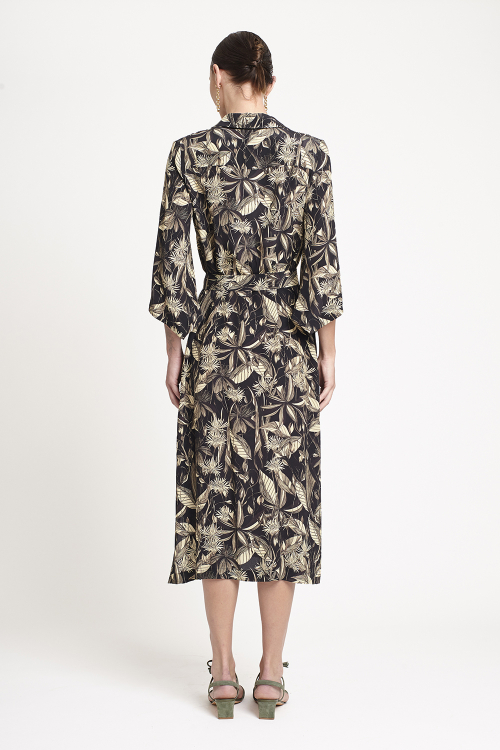 Fit — Vestido Seda Estampa Flores Noturnas Longo Com Manga