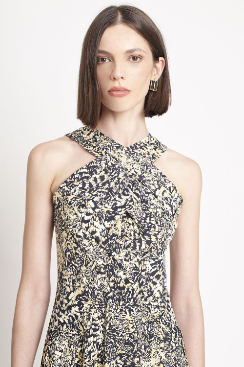 Fit — Vestido Jersey Estampa Plumas Coloridas Trançado