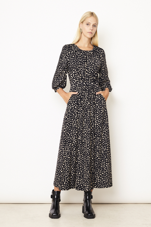 vestido jersey estampa penas manga franzida