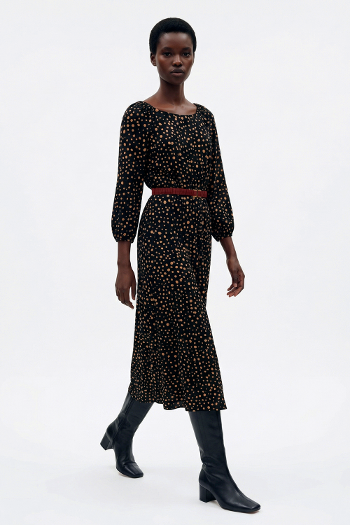 vestido jersey estampa penas manga franzida