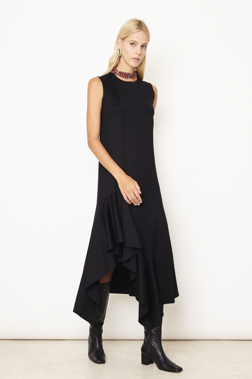 vestido malha dupla leve babado frente