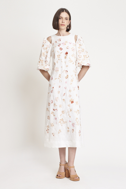 Fit — Vestido Linho Bordado Ramalhete Manga