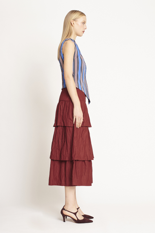 Fit — Blusa Tricoline Listrada Franzido Ombro