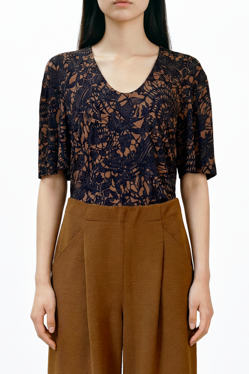 blusa jersey estampa renda manga ampla